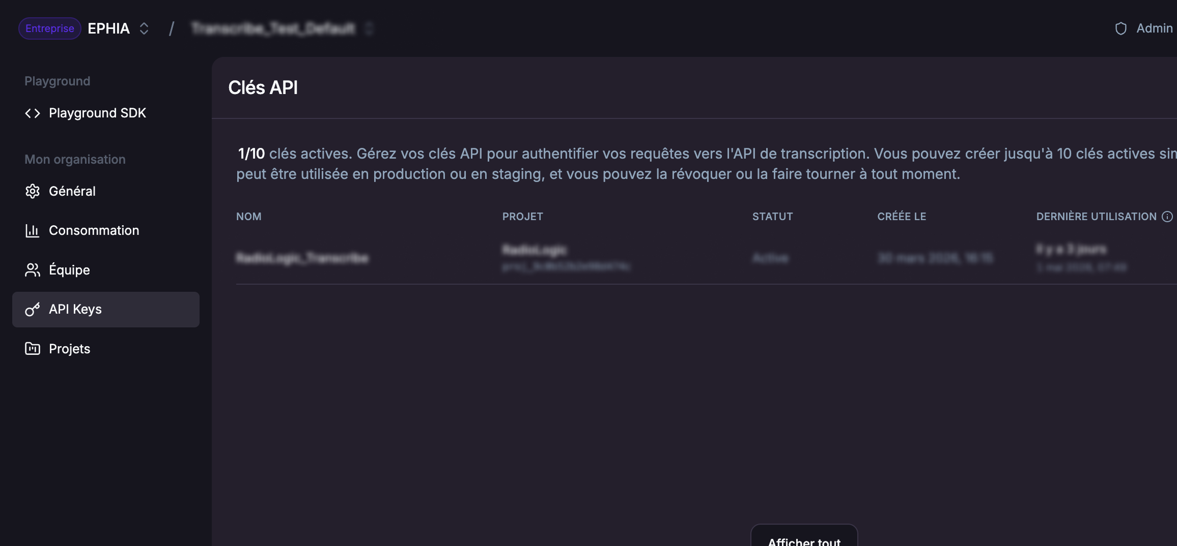 Tableau de bord Ephia — section Clés API : tableau des clés avec nom, projet, statut et dates.